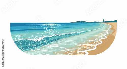 A pixelated illustration of a rolling wave crashing onto a sandy beach with distant hills