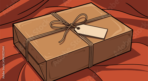 A rectangular gift box wrapped in brown paper with twine and a blank tag