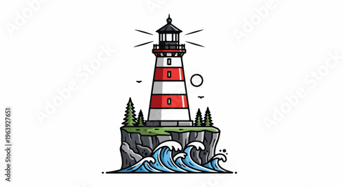 A red and white striped lighthouse stands tall on a rocky outcrop with trees