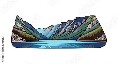 A pixelated landscape depicts a tranquil lake reflecting majestic, rugged mountains