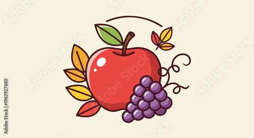 A red apple and purple grapes are depicted with autumn leaves