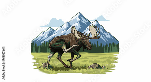 A pixelated moose with large antlers scratches its leg in a grassy meadow before snowy mountains