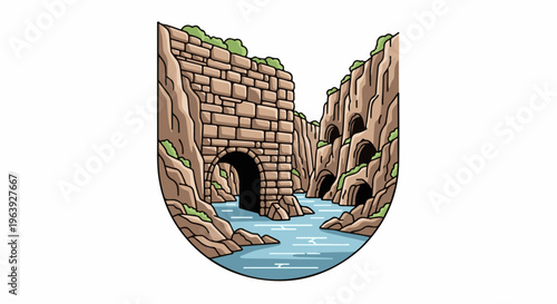 A pixelated illustration of a stone bridge over a river in a canyon