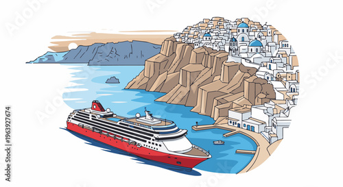 A red cruise ship arrives at a picturesque white village built on cliffs