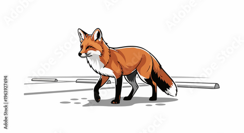 A red fox with black legs and tail tip walks on a white surface