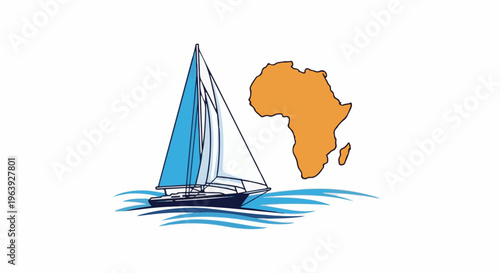 A sailboat with blue sails glides on wavy blue water near an orange outline of Africa