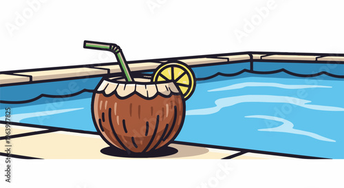A refreshing coconut drink with a straw sits by a bright blue swimming pool