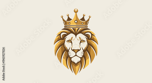A regal lion with a golden crown sits majestically on a pale background