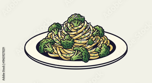 A plate of fettuccine pasta with broccoli and cheese, illustrated