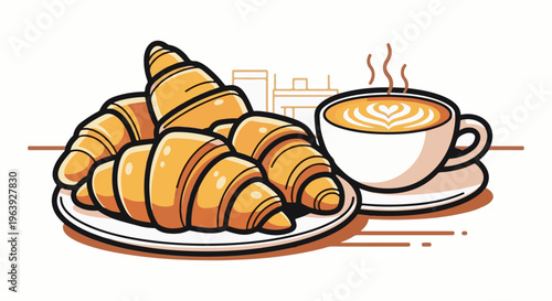 A plate of golden croissants sits beside a steaming cup of coffee