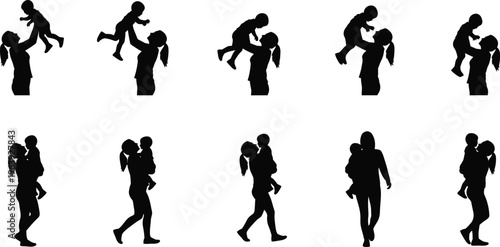 Mother and Child Silhouette Collection Showing Various Interactions and Poses illustration