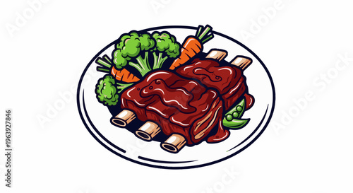 A plate of barbecue ribs with a side of vegetables