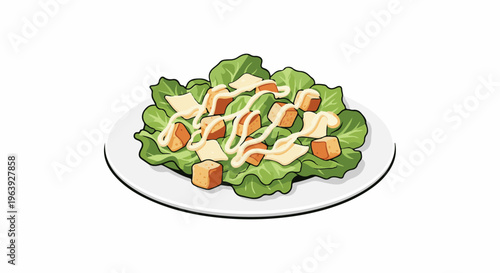 A plate of green lettuce salad with cheese cubes and croutons drizzled