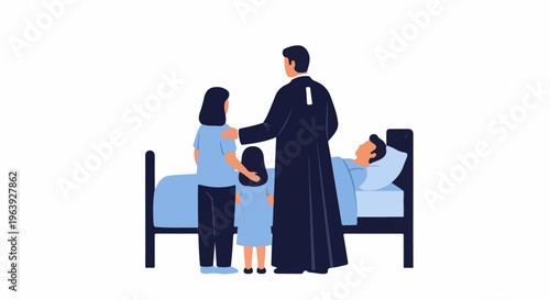 A religious figure comforts a sick person and their family in a hospital bed