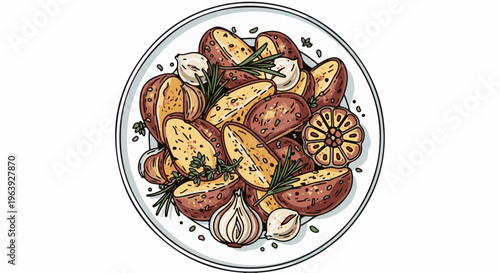 A plate of roasted potato wedges, garlic, onion, and rosemary sprigs