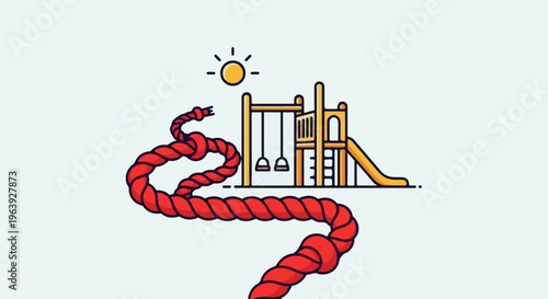 A playground with swings and slide is partly obscured by a large red rope