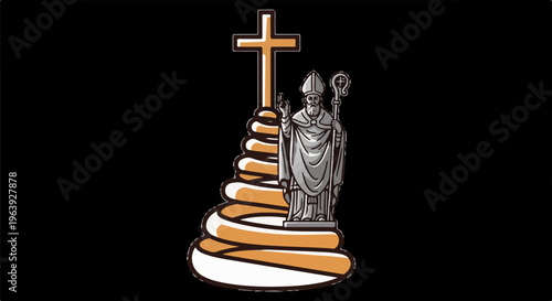 A religious figure stands beside a cross on a spiraling pedestal
