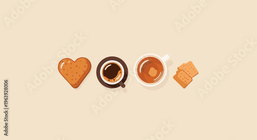 A simple, cute illustration of coffee, tea, and cookies