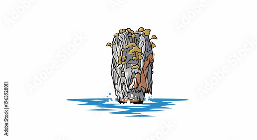 A rough, grey and brown rock formation with yellow growths emerges from blue water