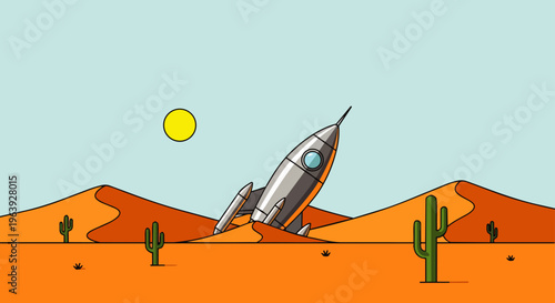 retro style illustration of a crashed silver rocket in a vast barren desert landscape under a sunny sky.