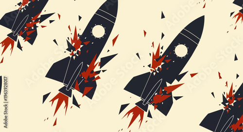 repeated pattern of exploding rocket ships illustrates technology breakdown business failure and the risk of a startup crash.