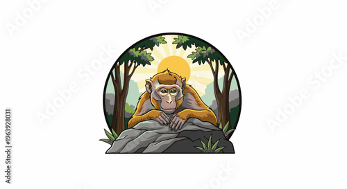 A primate reclines on a rock, framed by trees and a setting sun