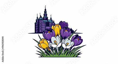 A purple and yellow building behind a cluster of blooming crocuses