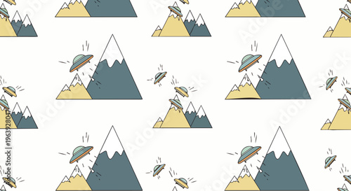 ufo flying saucers hovering over mountains in a fun seamless cartoon pattern ideal for playful alien exploration themes.