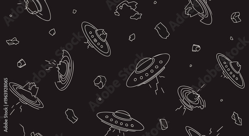 ufo spaceship crash pattern with space debris a cartoon illustration depicting damaged alien vehicles in a sci-fi background.