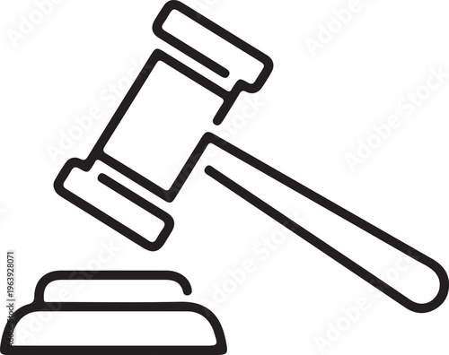 A crisp outline icon of a classic wooden gavel resting on its sound block, symbolizing justice, law, legal proceedings, court decisions, auctions, and authoritative judgment in various contexts.