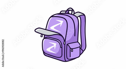 A purple backpack with an abstract white zig-zag design and zipper details
