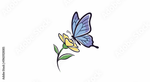 A simple drawing of a light blue butterfly on a yellow flower
