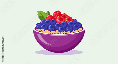 A purple bowl filled with oatmeal, topped with blueberries, raspberries, and a mint leaf