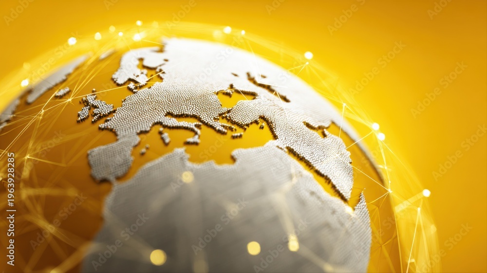 Fototapeta premium Global Network Visualization: Europe Focus, Interconnected World, Modern Technology Concept, Digital Communication, Yellow Tone