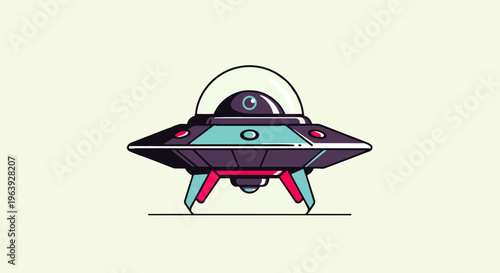 retro-futuristic cartoon ufo or alien spaceship with landing gear flat illustration for science fiction themes