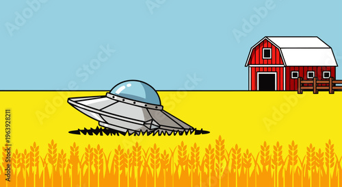 ufo crash landing in a cartoon rural wheat field a flying saucer accident near a red barn depicting an alien spaceship mystery
