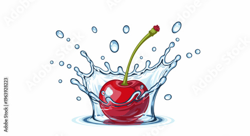 A single red cherry splashes into clear water, creating ripples and droplets