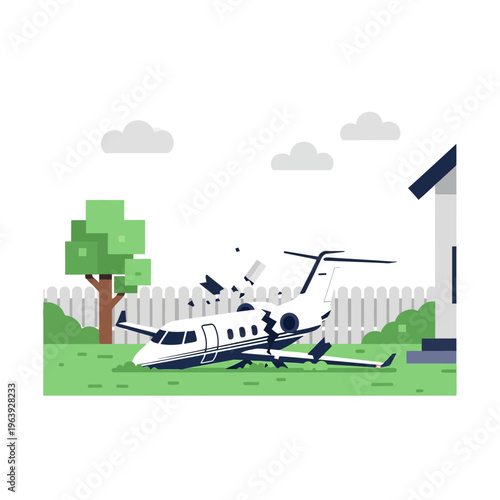 a private jet airplane accident damaged and crashed in a residential backyard with a fence presented in a flat design illustration.
