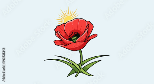 A single red poppy stands tall with leaves and a bright sun