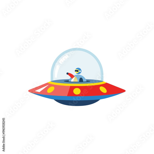 a playful cartoon ufo flying saucer with an alien pilot holding a ray gun isolated on white for kids science fiction and space adventure