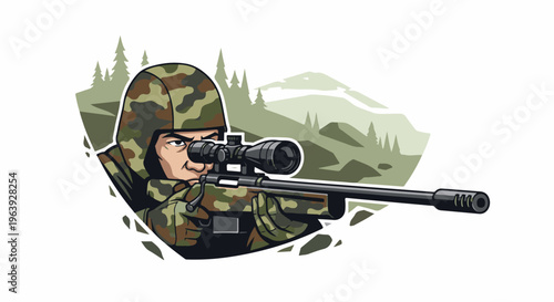 A soldier in camouflage aims a rifle with a scope through a misty mountain landscape