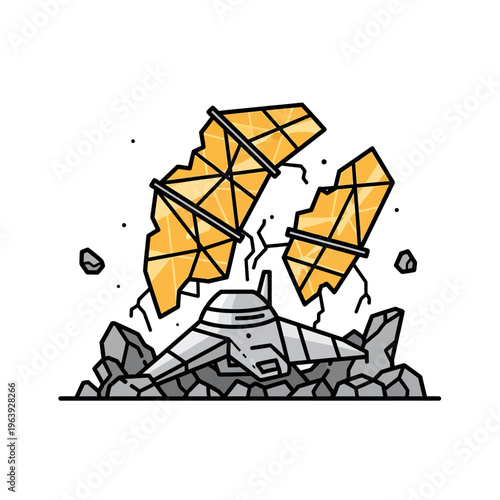 crashed spaceship and alien wreckage illustrating a sci-fi disaster with broken yellow crystals depicting technology destruction.