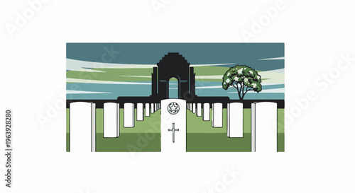 A solemn military cemetery with tombstones, a central monument, and a lone tree