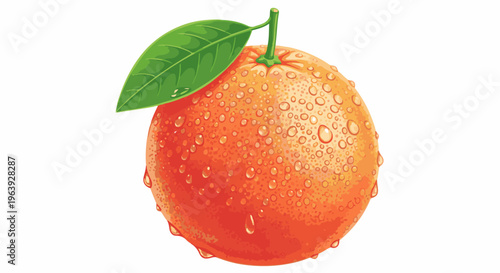 A single, ripe orange fruit adorned with numerous water droplets and a green leaf