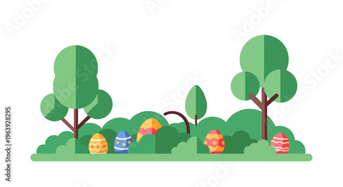 modern flat design easter egg hunt illustration with colorful eggs hidden among green bushes and trees in a park perfect for spring holiday fun.