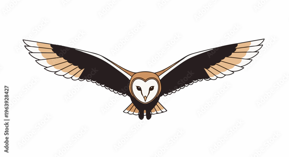 Fototapeta premium A stylized barn owl with wide open wings in flight, facing forward