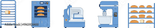 Bakery equipment set with oven, dough mixer, slicer, racks and fresh bread in modern baking production environment