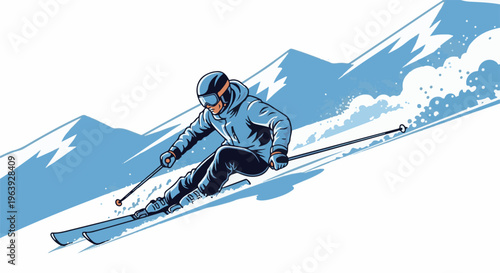 A skier descends a snow-covered mountain, carving a trail