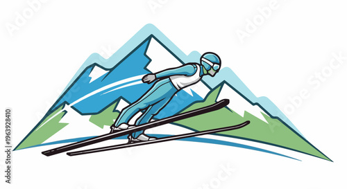 A ski jumper in mid-air against a backdrop of stylized mountains and sky
