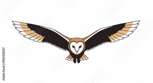 A stylized barn owl with wide open wings in flight, facing forward